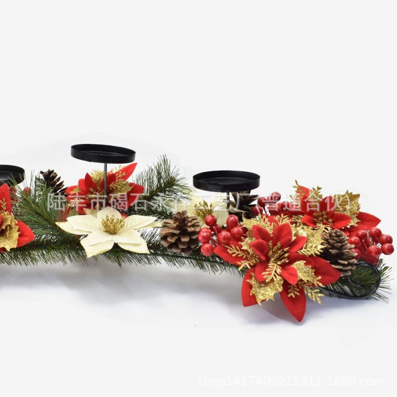 Новогодняя свечная центральная композиция с красной poinsettia, 65×20×35 см, металлические чаши для свечей