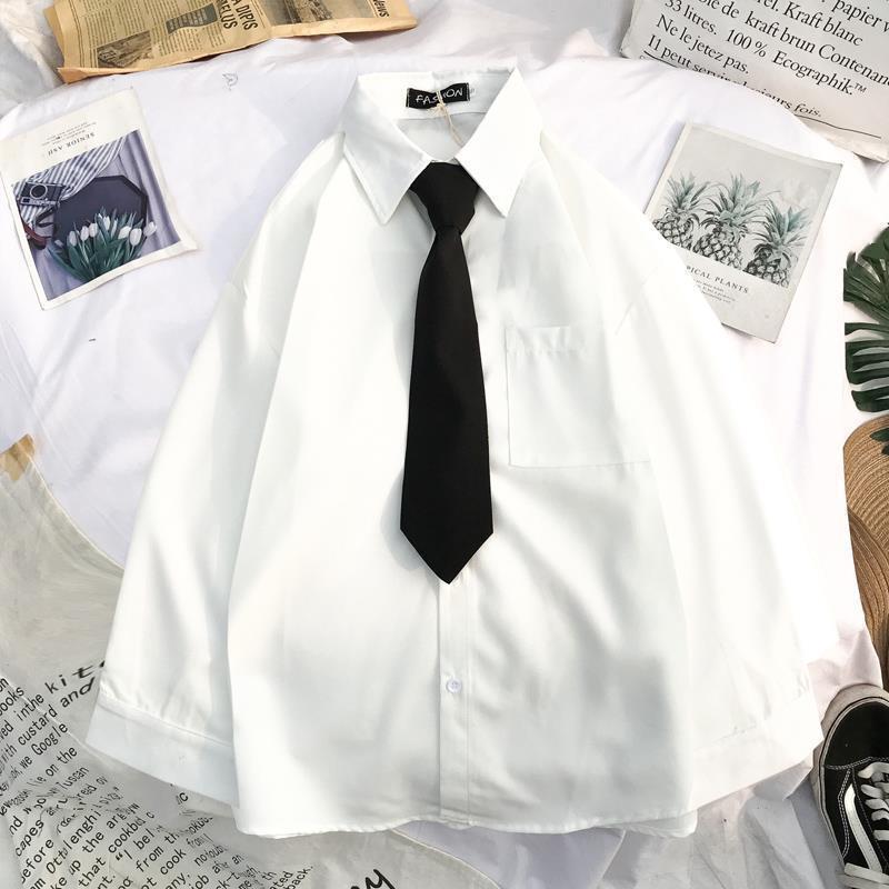 Versatile White Shirt for Women Korean Style Loose Student Ins Hong Kong Style Harajuku Retro Long-Sleeved New Jacket Shirt for Women