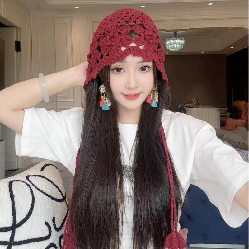 春夏薄款手工编针织帽女镂空钩花毛线帽甜美文艺显脸小包头堆堆帽|undefined
