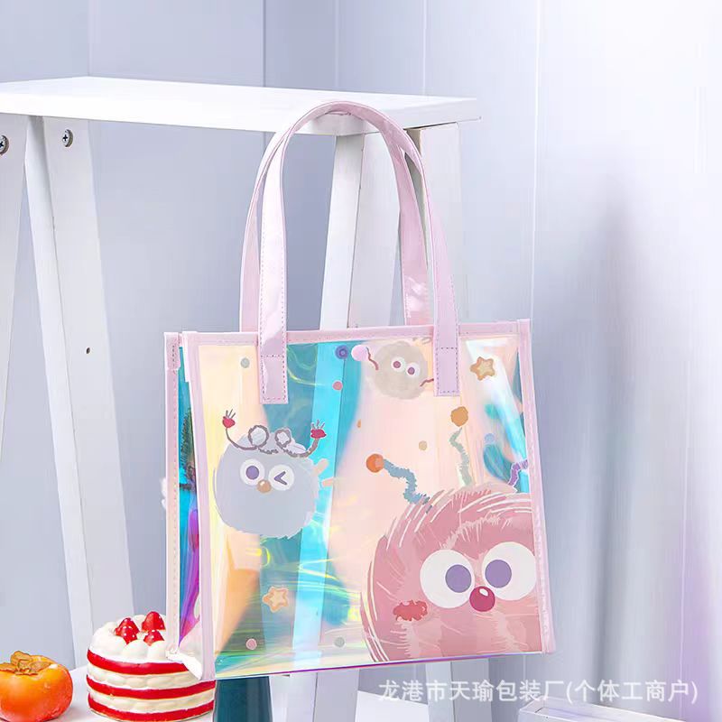 镭射炫彩时尚手提袋新款便携透明手提包女大容量收纳袋通勤托特包