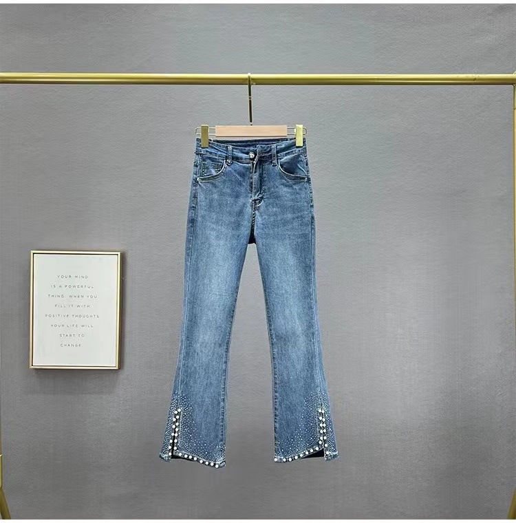 High-waisted Rhinestone Flared Jeans With Side Slits Denim Trousers_voghion.com