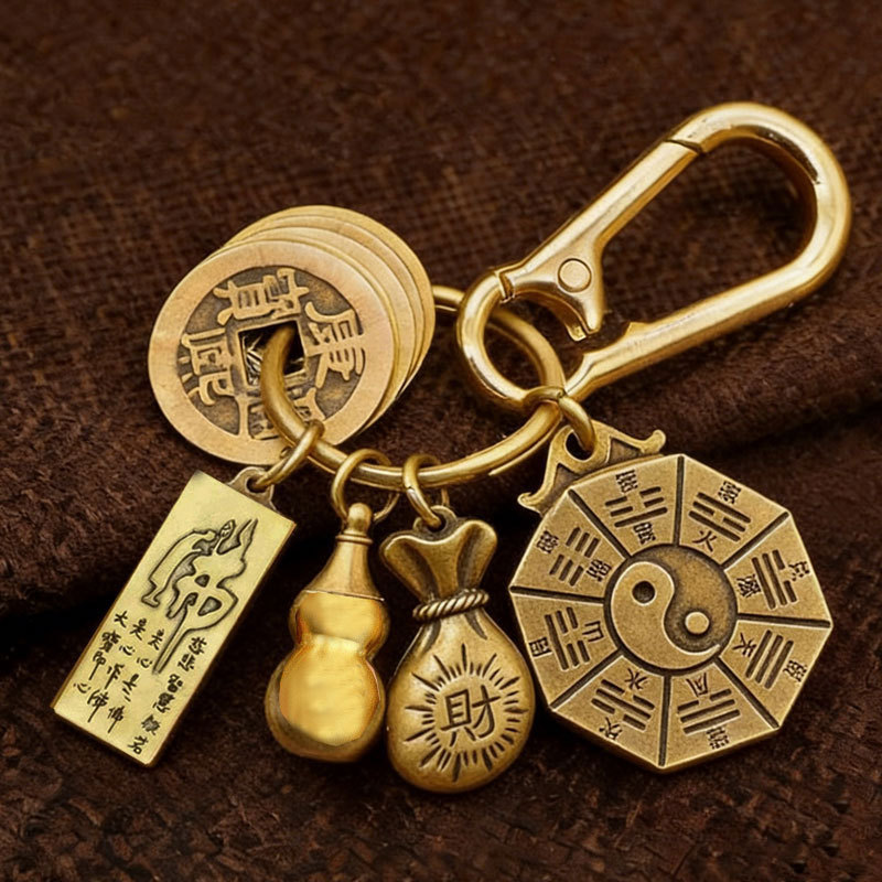 Custom-Made Twelve Zodiac Brass Gourd Retro Five Emperors Coin Keychain Small Pendant Decoration Car Keychain
