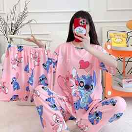 南美pajama三件套牛奶丝短袖短裤长裤印花卡通图案女士家居服睡衣