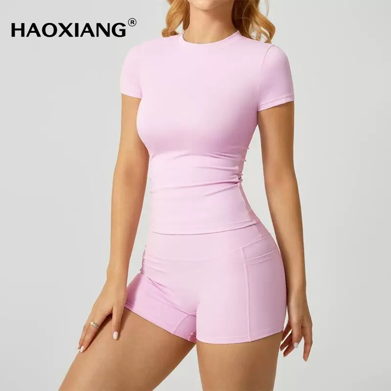 欧美纯色裸感速干瑜伽套装紧身高弹健身套装跑步运动瑜伽服两件套