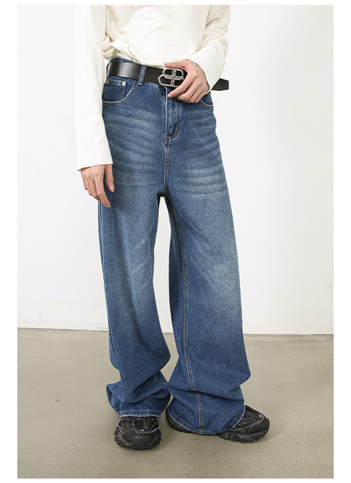 Quần jean nam ống rộng cạp vừa phong cách Hàn, denim cotton pha, form suông thoải mái — Màu đen, Xanh lam cổ điển, Xanh lam nhạt, Xanh lam đậm chi tiết 12