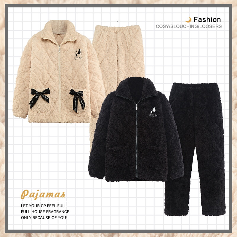 Jiao Caimeng pijamas de pareja de invierno coral polar de tres capas acolchadas engrosadas franela de hombres y mujeres estilo coreano Otoño e Invierno