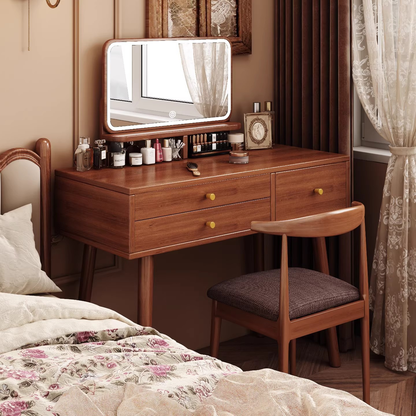 2026 nuevo armario de maquillaje integrado espejo de maquillaje pequeño estilo antiguo almacenamiento de maquillaje mesa de maquillaje de dormitorio principal