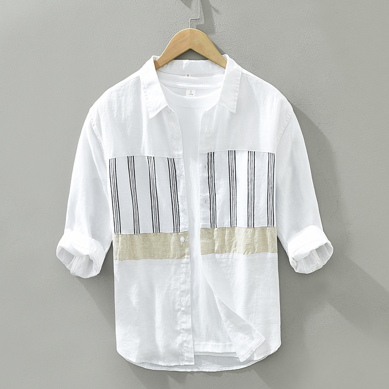 2026 Men's Loose-Fit Trendy Casual Japanese Style Patchwork Three-Quarter Sleeve Linen Shirt, Wholesale Available_viptrois.com