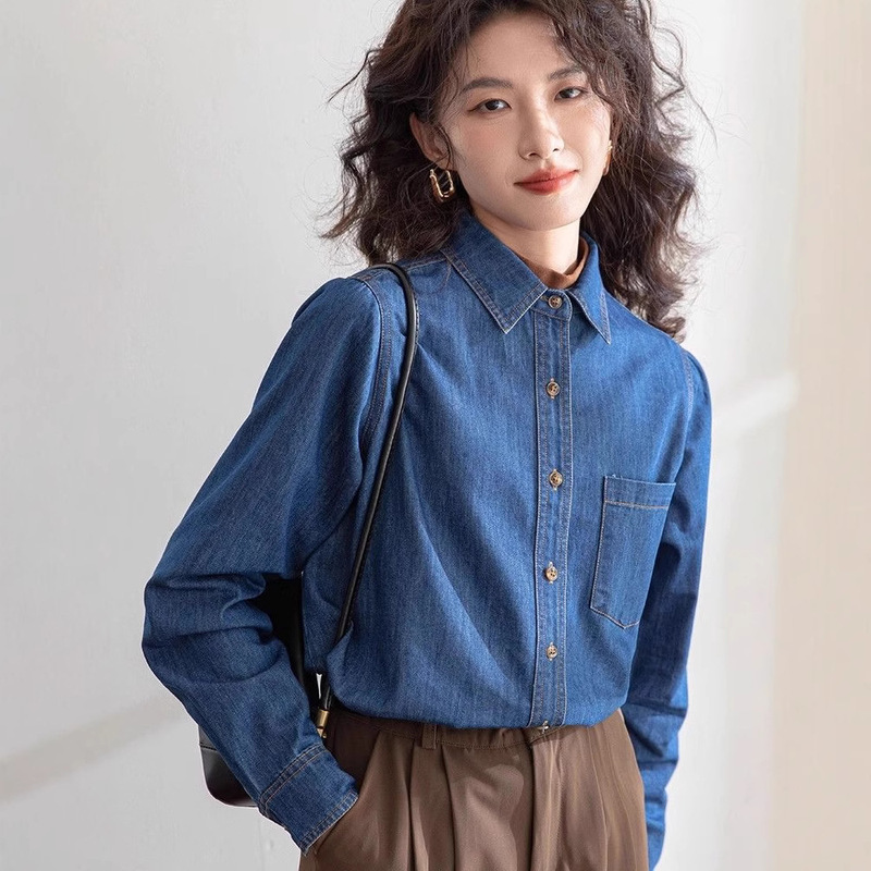 Layered Long-Sleeve Denim Shirt for Women, 2026 Spring New Design, Versatile Retro Straight-Shoulder Denim Shirt