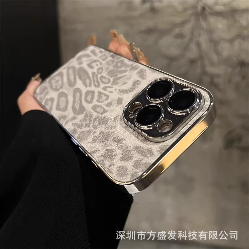 Suitable for iPhone 17 Pro Max Phone Case, Leopard Print Leather Electroplating with Lens Film, Apple 16 Anti-Fall Protective Case