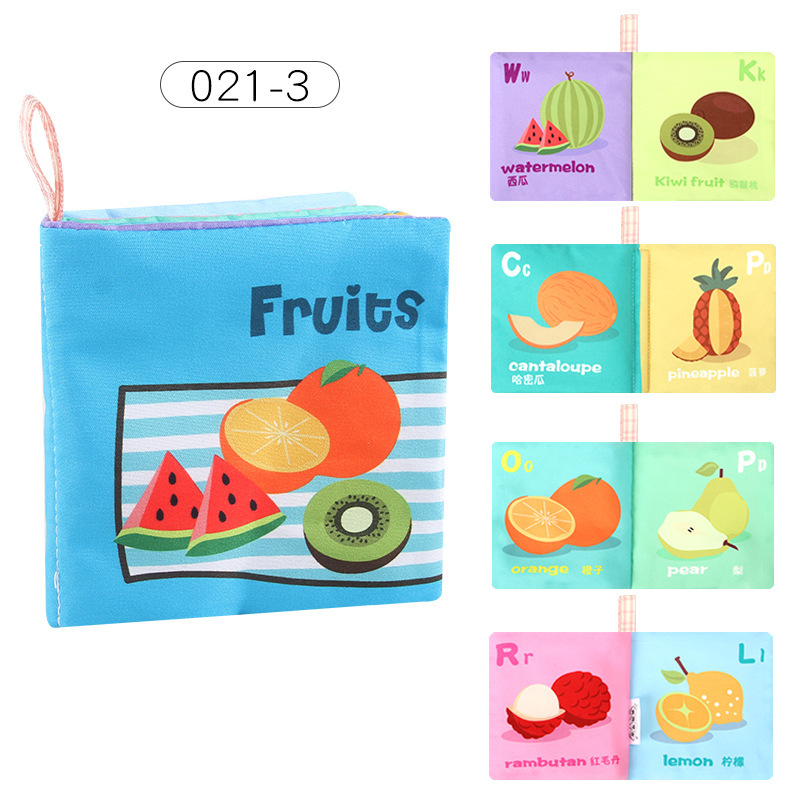 Cuatro libros de tela tridimensionales transfronterizos para bebés juguetes de educación temprana 4 caras 8 páginas libros de palma de frutas y alimentos animales cognitivos libros de tela para bebés