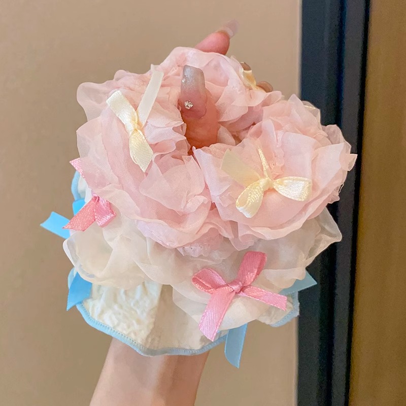 Niños de moda coreana arco de malla intestino grueso anillo de cabello para niñas bola de cabello adornamiento de cabello de alta elasticidad banda de goma