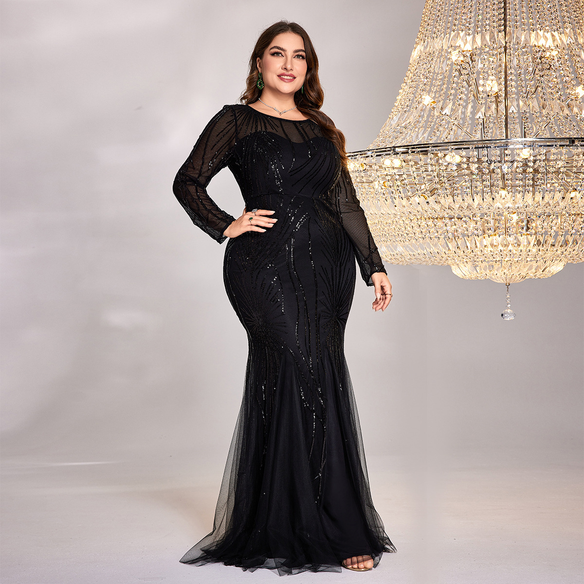 Cross-border New plus size dress Long Sleeve Round Neck Slim Fishtail Dress Bridesmaid Banquet Toast Evening Dress Women's Elegant