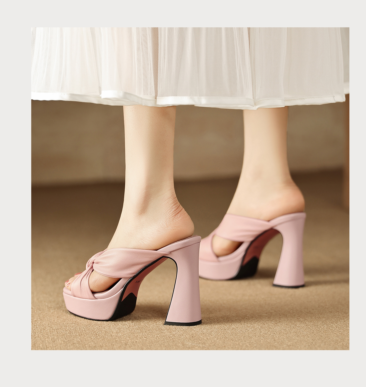 Sandal cao gót nữ mũi hở da cừu mềm, đế xuồng platform, gót vuông 8-10cm, nơ bướm — Hồng 8cm, Xanh da trời 10cm, Hồng 10cm, Trắng kem 8cm chi tiết 12