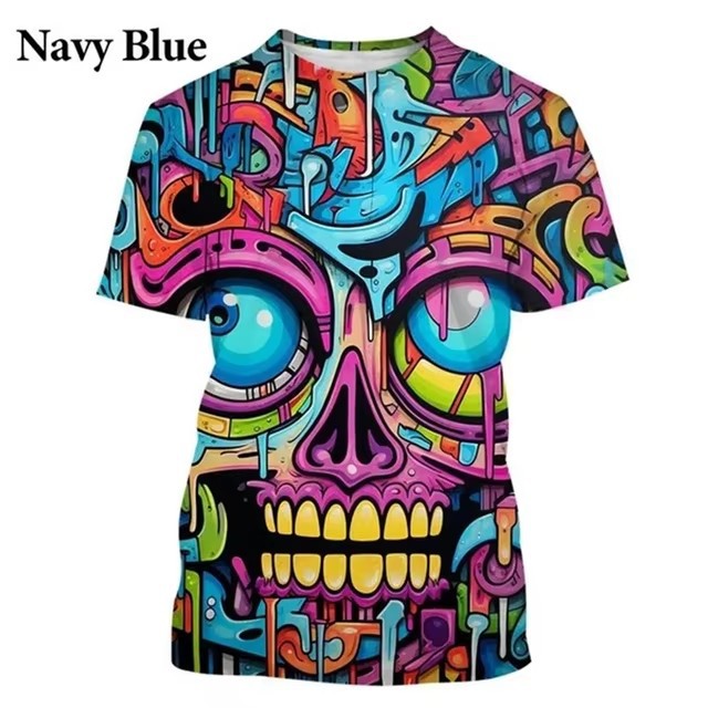 五颜六色街头涂鸦嘻哈酷头骨3d跨境打印T恤个性男性时尚休闲短袖