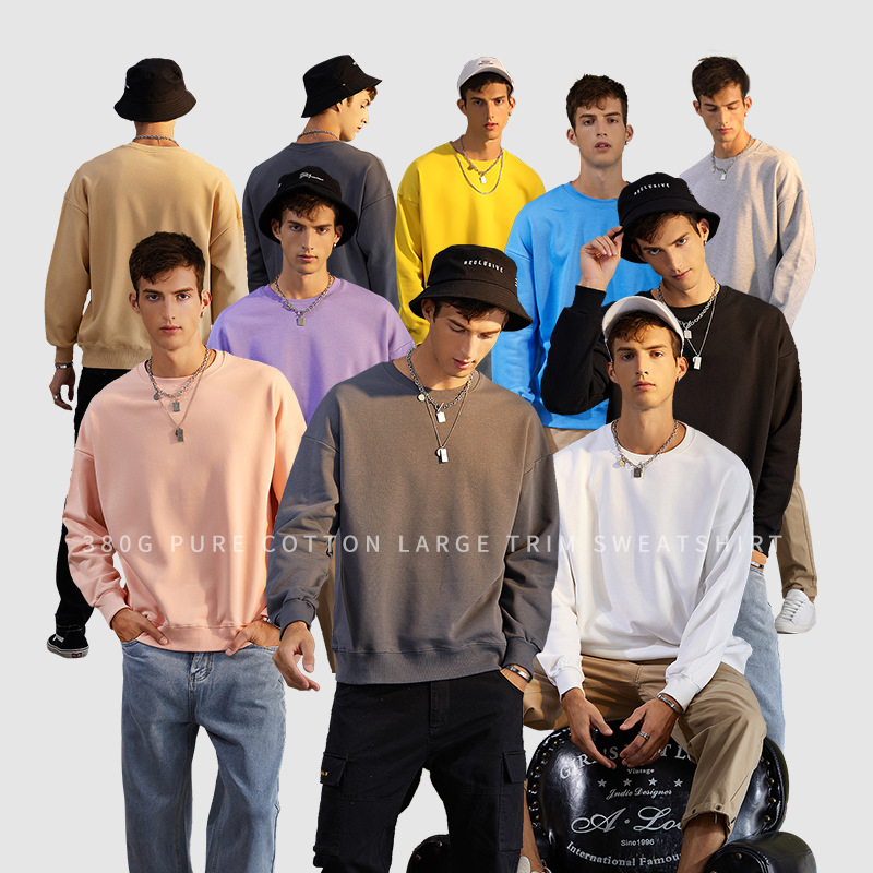 380G純棉大毛圈衛衣男圓領寬鬆秋冬衛衣長袖上衣寬鬆歐碼潮牌