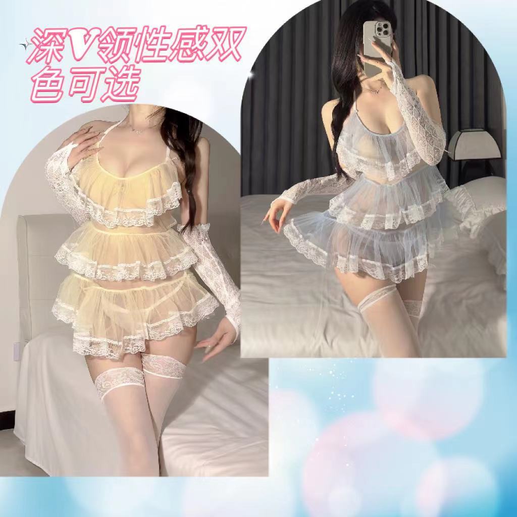 Lace Sling Tutu Skirt Lingerie Set with Sleeves and White Stockings — detail image 9
