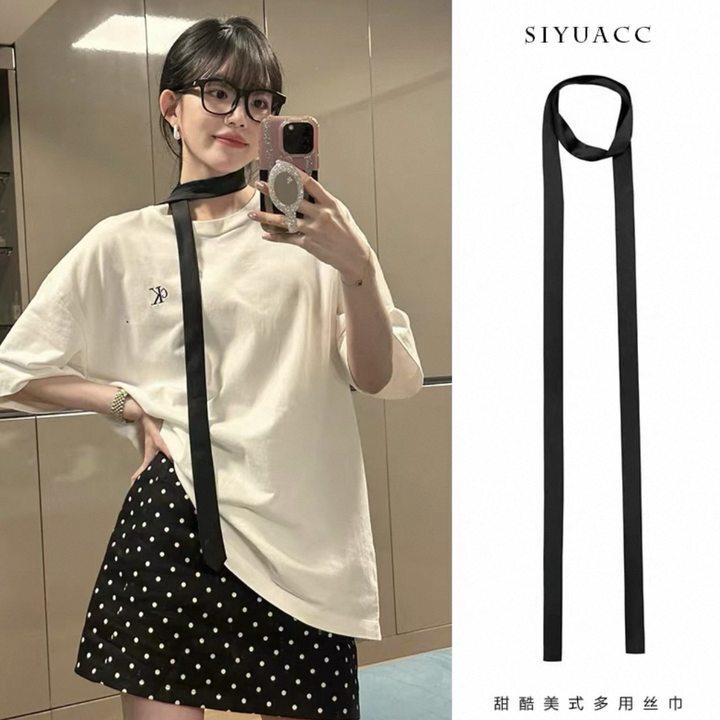 韩系黑白波点丝巾系脖发带女2025新款高级感气质甜美百搭飘带颈链|undefined