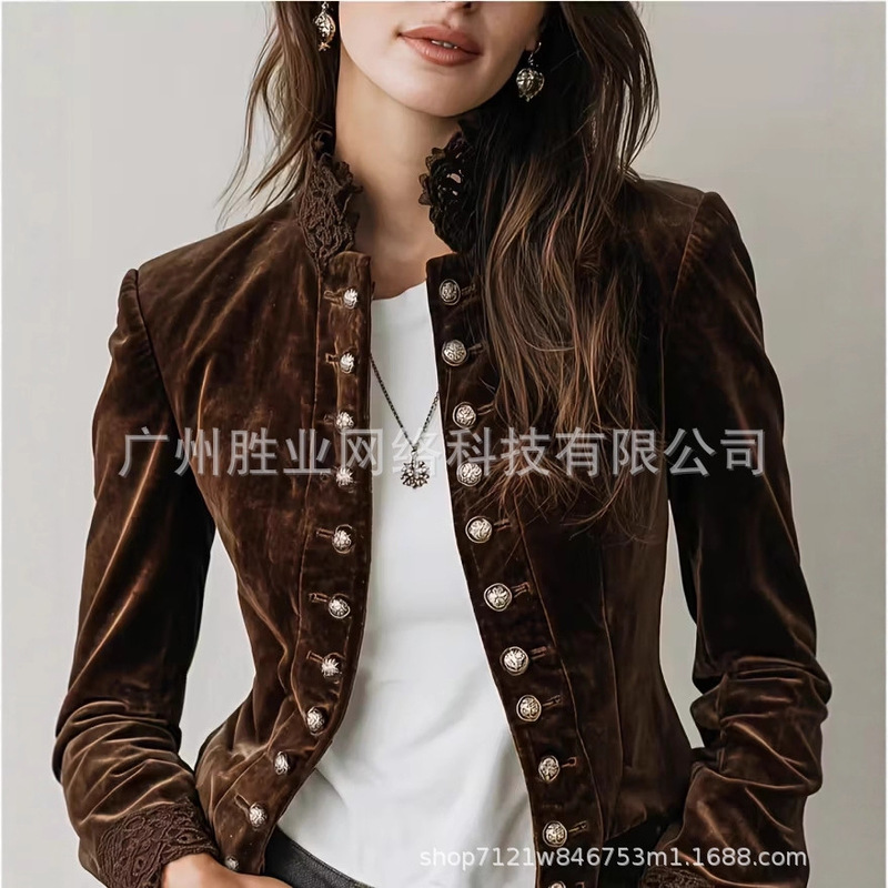 European and American Cross-Border Export Autumn and Winter New Women's Slim Patchwork Stand-Up Collar Velvet Retro Jacket Multi-Button Jacket for Women