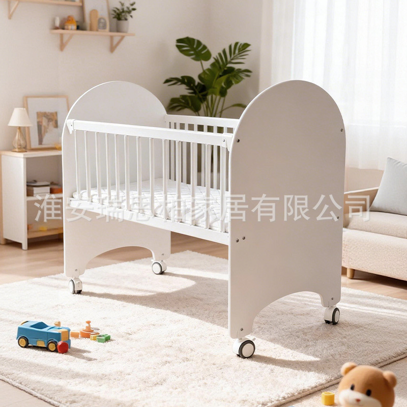 Solid wood multifunctional baby crib with iron guardrails, newborn baby splicing bed, movable with mosquito net, factory wholesale