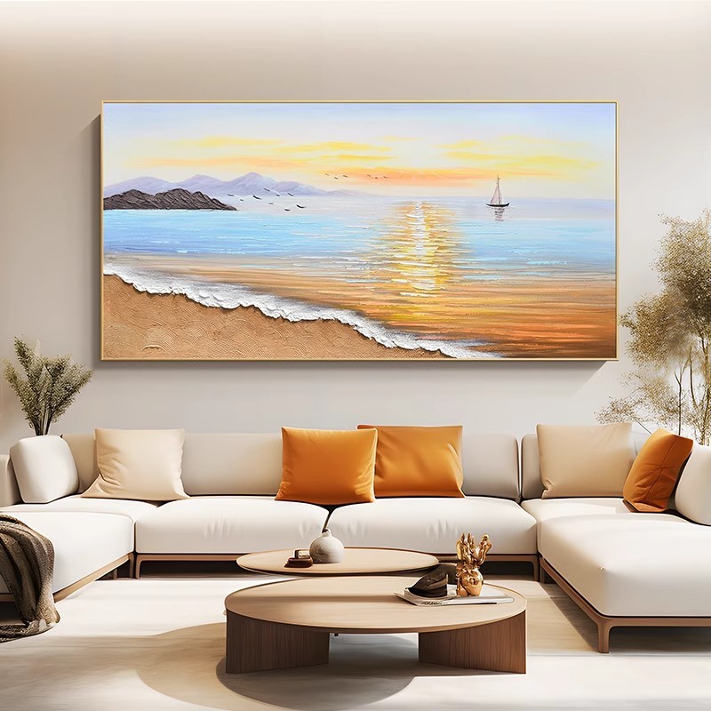 原创《旭日东升》手绘油画客厅轻奢装饰画横版海边风景肌理挂画|undefined