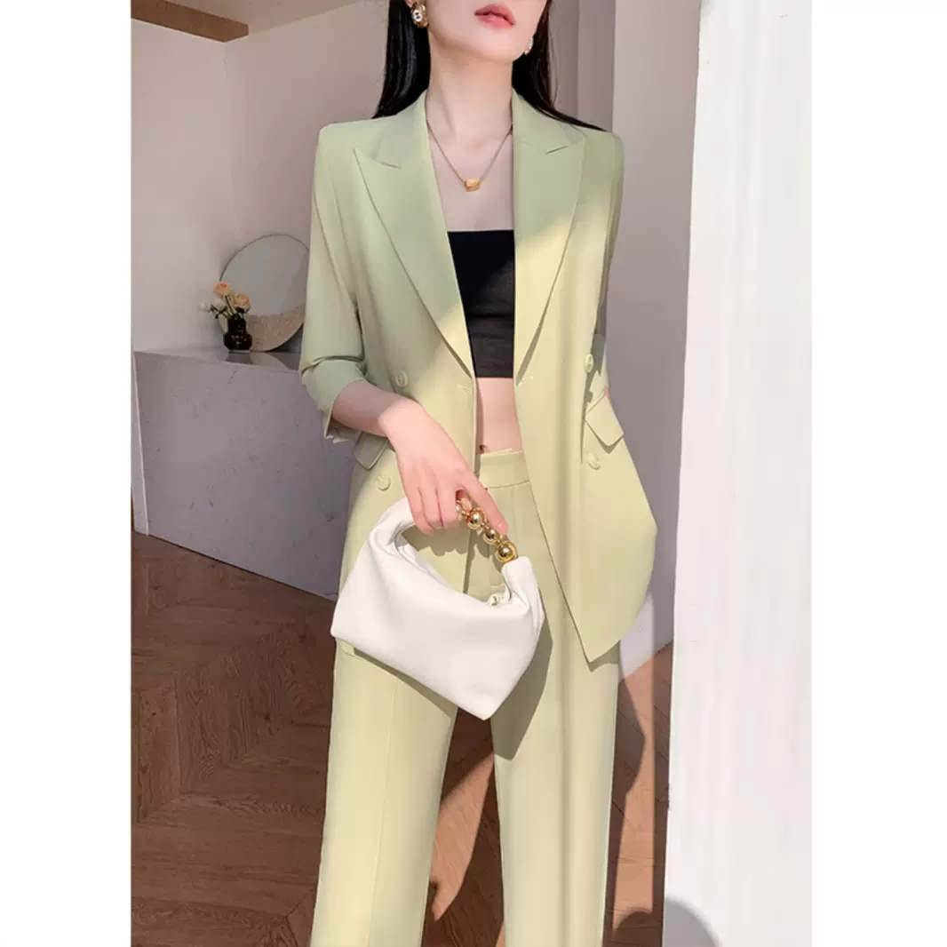 绿色休闲西装套装女夏季高级感职业正装时尚气质女神范阔腿裤西服