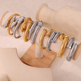 Cross-border Hot Sale Niche Personality Opening Bracelet Inlaid Zircon Design Sense Goose Throat Shape Titanium Steel Jewelry suit