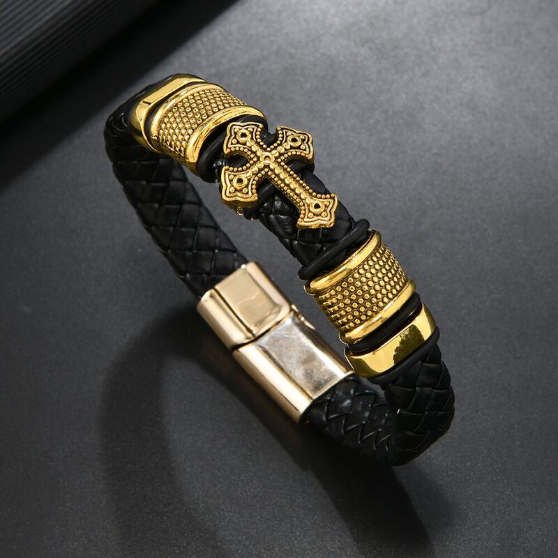 European and American Cross-border New Retro Multi-layer Leather Electroplated Gold and Silver Cross Bracelet Simple Ring Magnetic Buckle Leather Bracelet
