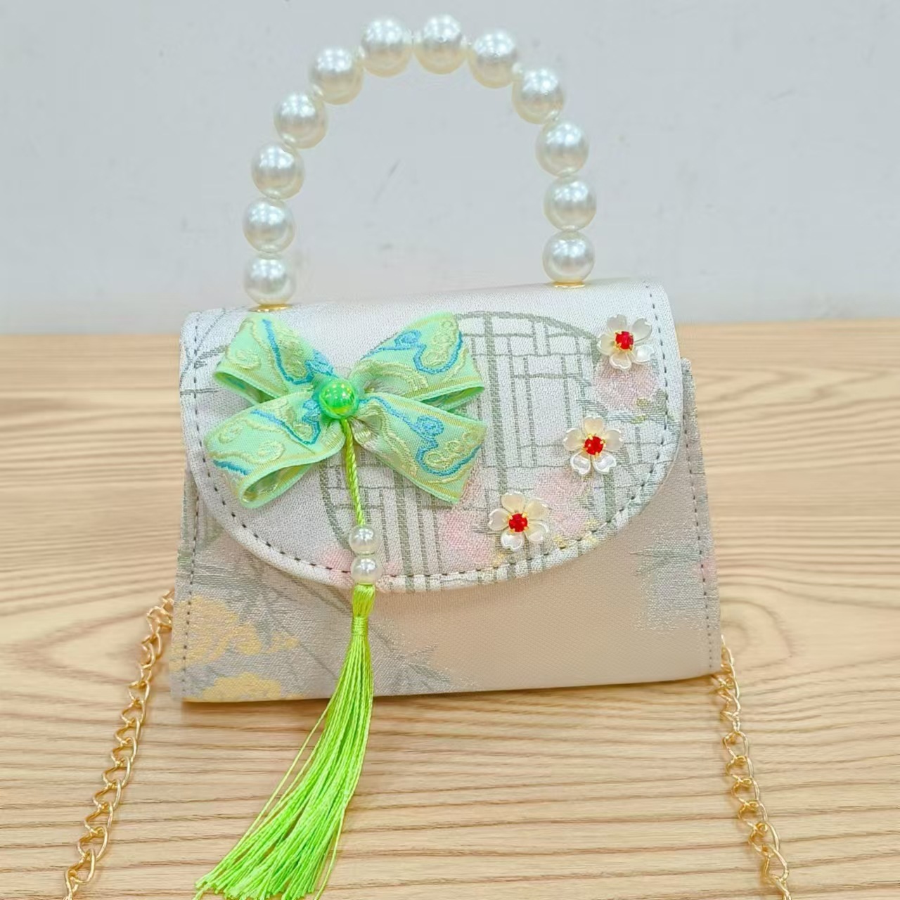 Bolsas de niños arco de estilo chino bordilla accesorios de niñas bolsas de mano princesa de perlas bolsa de cambio