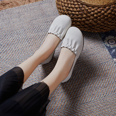 真皮平跟單鞋女2023夏淺口頭層牛皮軟皮軟底媽媽鞋豆豆鞋褶皺女鞋