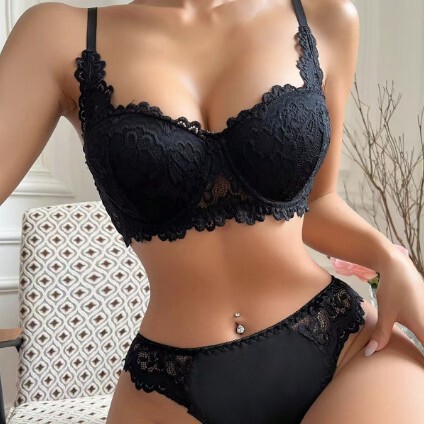 Cross-Border European and American Style Black Lace Lingerie Set, Sexy Push-Up Bra Without Underwire, Breathable and Comfortable Women's Underwear