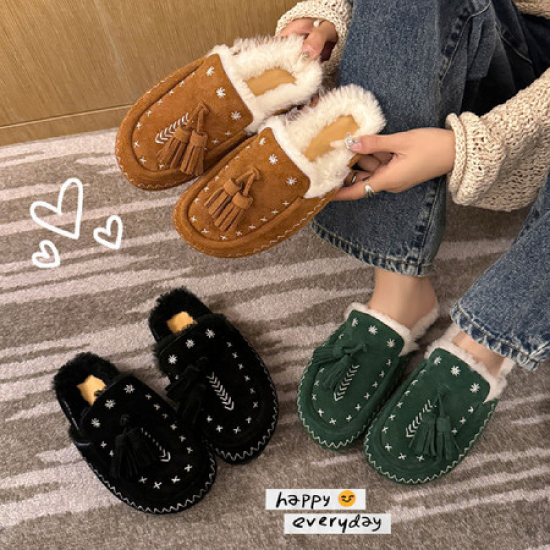 Plush Toe-Cap Snow Boots, New Fashionable Furry Comfortable Wool Warm Tassel Half-Slip Cotton Slippers for Women