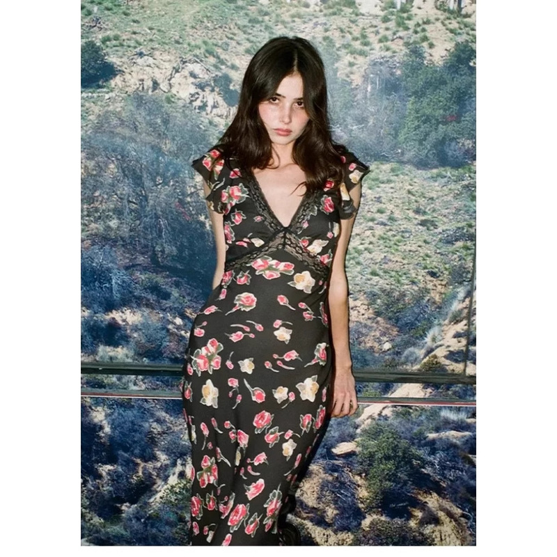 Reali Mulberry Silk Sleeveless Printed Dress for Women, Waist-Cinching, Slimming, Elegant, Mid-Length Mesh Bodycon Dress