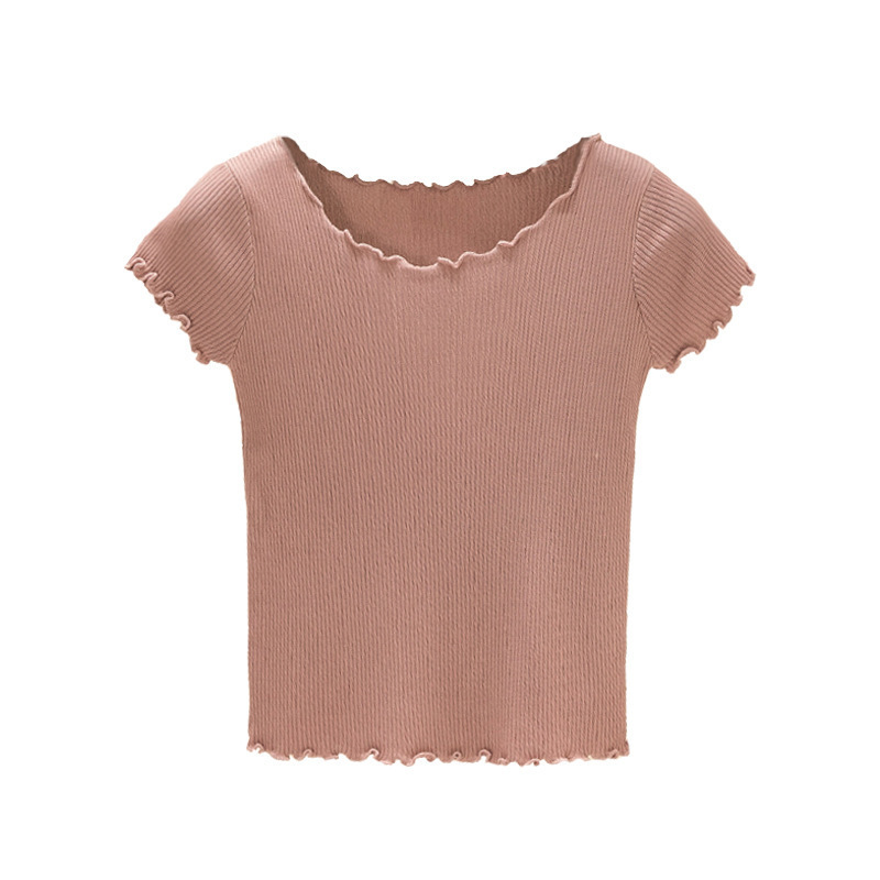 Verano camiseta de hielo de manga corta de punto de tela delgada de la mujer de cintura alta cintura corta ombligo de la clavícula delgada