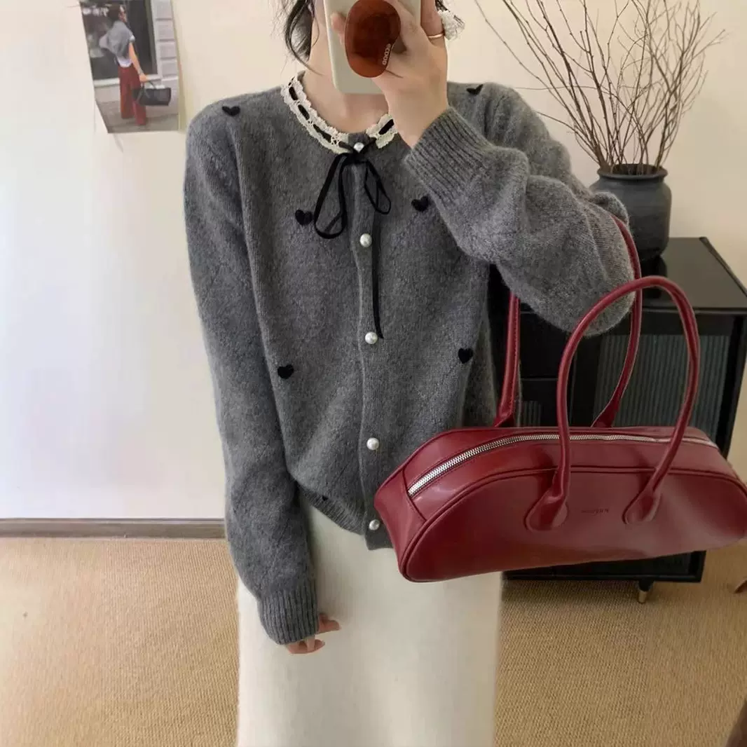小香风针织开衫女甜美爱心春秋针织衫上衣2025新款蝴蝶结系带毛衣