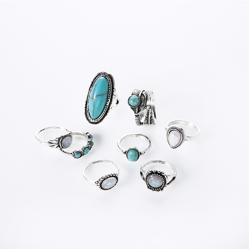 Retro Inlaid Turquoise Carved Feather Alloy Ring 8-piece Set display picture 6