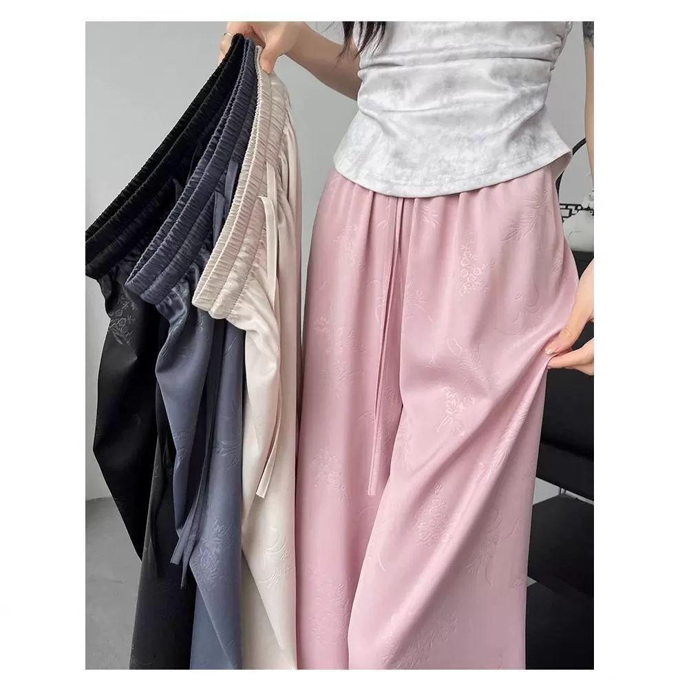 新中式国风印花裤子女2025夏新款松紧高腰垂坠感阔腿裤减龄拖地裤