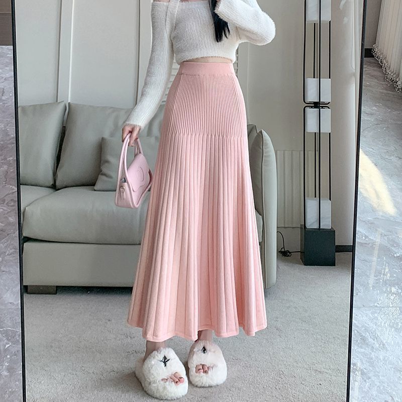 针织百褶半身裙女秋冬2025新款松紧高腰显瘦垂感字包臀鱼尾长裙|undefined