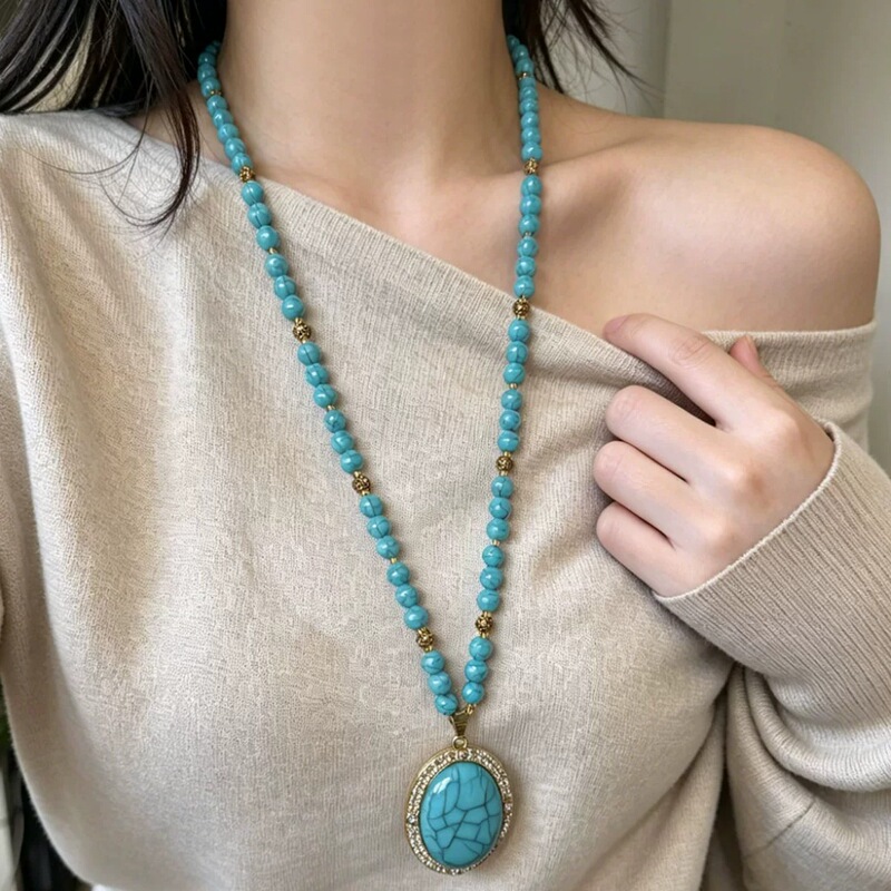 New Chinese-Style Oval Turquoise Pendant Necklace, Women's Simple and Fashionable Light Luxury Long Sweater Chain New Chinese-Style Oval Turquoise Pendant Necklace, Women's Simple and Fashionable Light Luxury Long Sweater Chain