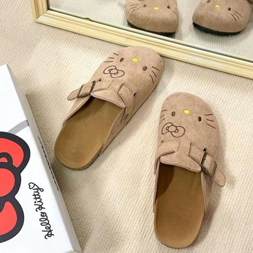 Cork Shoes Korean Version Cute Kitty Thick Sole Birkenstock Shoes 2025 Versatile One-Piece Toe-Up Semi-Drag Women's Shoes