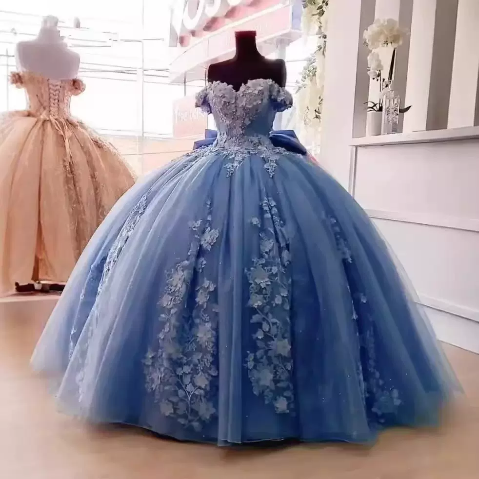 宴会晚礼服美声独唱演出晚礼服蓝色一字肩气质名媛高腰独唱蓬蓬裙