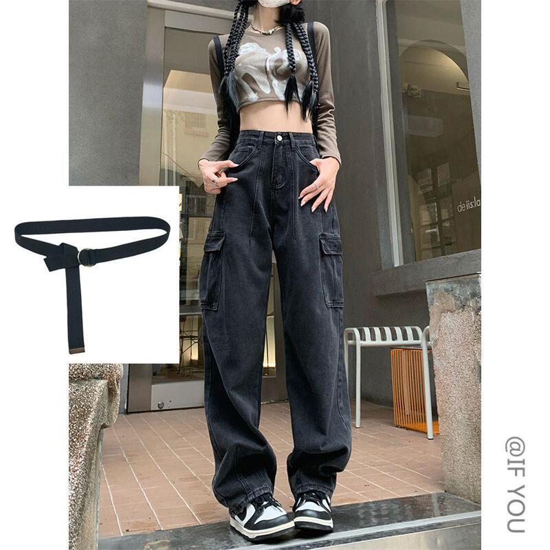 港风复古大口袋工装牛仔裤女秋秋季潮牌直筒宽松百搭垂感阔腿长裤|undefined