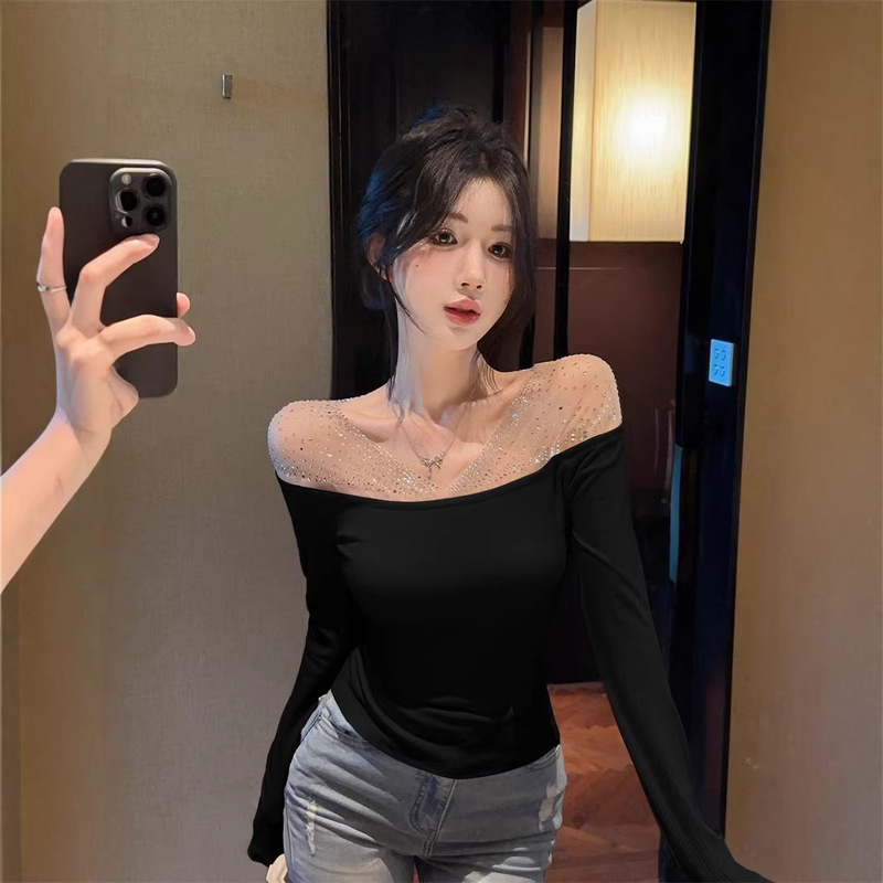 Forever21 Mature Style Black Rhinestone V-Neck Knit Top for Women, Spring Pure Desire Off-Shoulder Slim-Fit Long-Sleeve Inner Wear Forever21 Mature Style Black Rhinestone V-Neck Knit Top for Women, Spring Pure Desire Off-Shoulder Slim-Fit Long-Sleeve Inner Wear