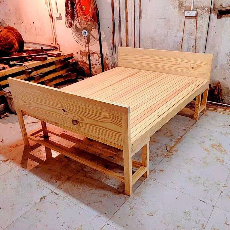 Traditional Brown Stretcher Bed Frame, Brown Stretcher Bedside Shelf, Log Solid Wood Old Stretcher Bed, Handmade Rural Old-Fashioned Stretcher Bed