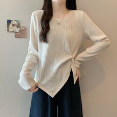大码不规则肌理开叉长袖T恤女春秋新款胖mm宽松显瘦遮肉外穿上衣
