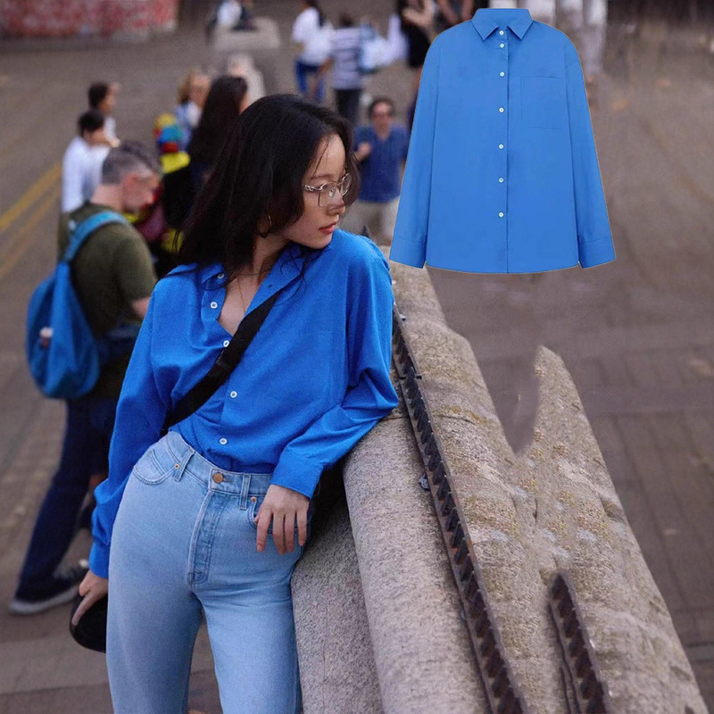 In-Stock Ni Ni Style Blue Long-Sleeve Shirt for Women, Loose and Casual Style, 2025 New Autumn Shirt Top, Wide-Leg Pants
