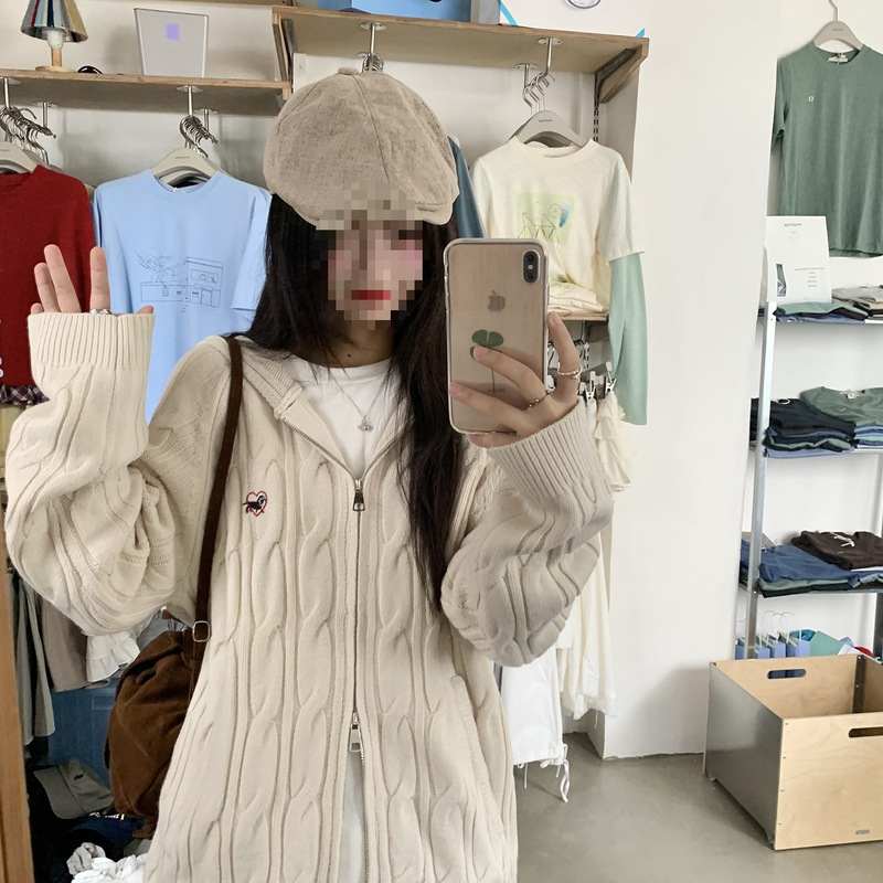 小仙倪子学院风连帽针织衫女秋季超好看绝美双拉链慵懒感毛织上衣|undefined