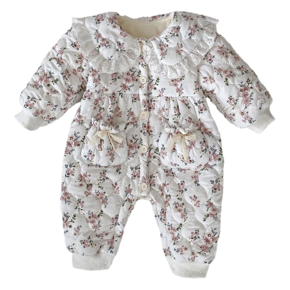 Internet celebridad bebé niñas invierno engrosado mameluco niñas floral de manga larga romper caliente hacia fuera bebé acolchado mono