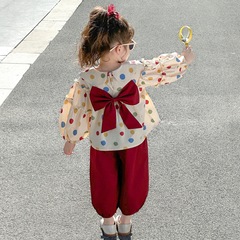 女童圆点蝴蝶结套装秋装2025新款儿童洋气校园休闲两件套童装代发
