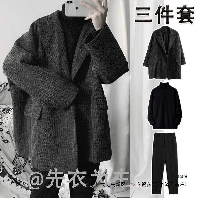 Men's corduroy jacket, autumn and winter wool coat, Korean style, trendy loose fit, complete three-piece set, in stock.